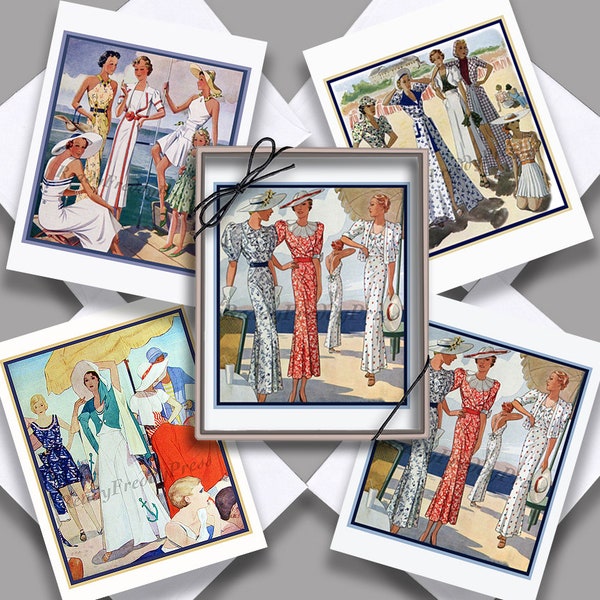 Notecards Vintage Art Deco Images/ Fashion/ Catalogue/Summer/ Beachwear/ Style/ 1930s/Bold/ Colorful/ Blank/ Set of 8 with Envelopes