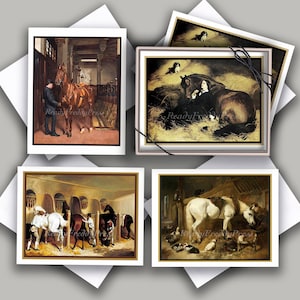 Cavalli nella stalla Biglietti equestri/Immagini vintage/Cavalli/Cani/Amicizie/RelazioniSet di 8 scatole con buste/Vuote