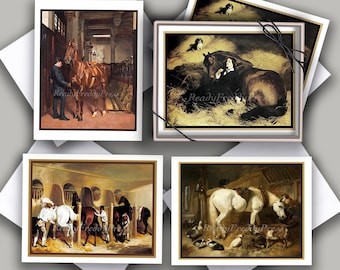 May include: A set of four greeting cards featuring vintage paintings of horses in stables. The cards are white with gold trim and feature a black ribbon.