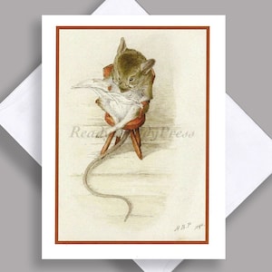 VENDA Cartão Único/ Ratinho de Leitura com Óculos/ Beatrix Potter/ Ilustração Vintage 1890/ Charmoso/ Cartão Único com Envelope