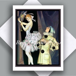 Grußkarte/ Vintage Bild 1915/ Frank X. Leyendecker/ Pierrot und Akelei/ Tänzerinnen/ Paar/Liebe/ Romanze/ Einzelkarte mit Umschlag