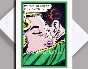 Valentine Card/Vintage Comic Book Image/ Romance/Love/ Girl and BoyHug/ True Love!/ Single Card with Envelope