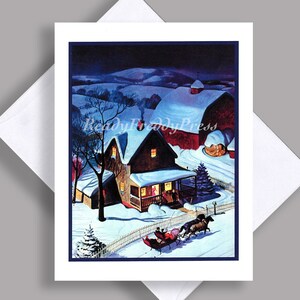 SALE enkele kaart/vintage afbeelding/nieuwjaar/kerst/vrienden/buren/winternacht/boerderij/paard en wagen/bezoek/kaartje met envelop
