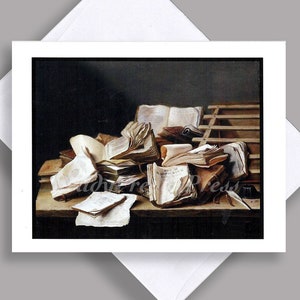 VENDA Notecard único/Pintura vintage 1628/Pintura de natureza morta/Livros/Leitura/Papéis/Mesa/Amantes de livros/Cartão único com envelope