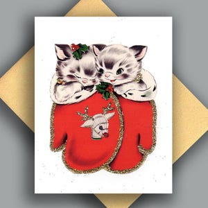 SALE glitter enkele kaart/vintage afbeelding/kerst/twee kittens in wanten/liefjes/schattig/kaart met gouden metallic envelop