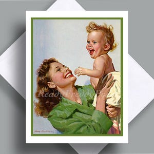 Cartão postal único/ Imagem vintage 1940-50/ Dia das Mães/ Mãe e bebê/ Feliz/ Diversão/ Alegria/ Doce/ Em branco por dentro