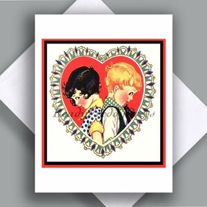 Karte als Einzelkarte/ Quelle: Vintage Valentine/ 1940er Jahre/ Junge und Mädchen/ Rücken an Rücken/ Schüchtern/Flirtend/ Süß/ Junge Liebe/ Einzelkarte mit Umschlag