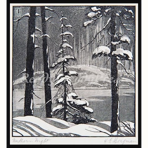 Snow Scene Notecards Vintage Woodcut/ Christmas/ Holiday/ Henry Eric Bergman/Box set of 8 cards with Envelopes