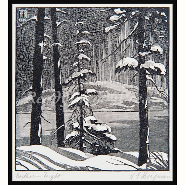 Snow Scene Notecards Vintage Woodcut/ Christmas/ Holiday/ Henry Eric Bergman/Box set of 8 cards with Envelopes