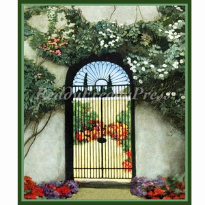 May include: A black wrought iron gate with an arched top and a view of a garden through the bars. The gate is surrounded by lush green vines and white flowers.
