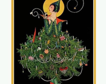 Vintage Art Deco Notecards/ Vintage Image/ Holiday Christmas / Lady Dressed as a Tree/Whimsical/  8 cards &envelopes/ Golden Envelope option