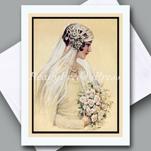 Tarjeta de felicitación con imagen vintage, boda, novia, década de 1920, anuncio, invitación, felicitaciones, reserva la fecha, tarjeta individual con sobre, en blanco