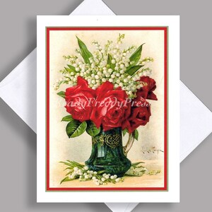 SALE Enkele kaart / vintage afbeelding / rode rozen / lelietje-van-dalen / Muguet-du-Bois / bloemen / groene vaas/Victoriaans/Notecard met envelop