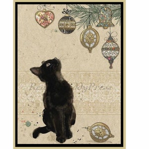"Weihnachts-Kitty Grußkarten / Feiertage / Vintage Bild/ schwarze Kitty/ Ornamente/ Weihnachtsbaum/ Charmant/ in einer Box verpacktes Set von 8 mit Umschlägen/leere."