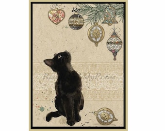Cartes de correspondance de Noël Kitty / Fêtes / Image vintage / Black Kitty / Ornements / Sapin de Noël / Charme / Coffret de 8 avec enveloppes / Blanc