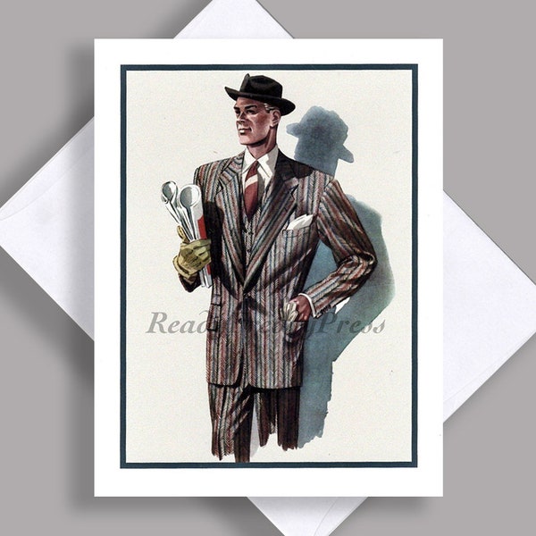 SALE Single Notecard/ Vintage Image/ Men's Fashion/ Style/ Businessman/ Handsome/ 3 piece Suit/ Advertising/ Notecard with Envelope