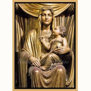 Carte de Noël/ Religieux/image vintage/ Vierge à l'enfant/ Statue religieuse/ Église/ Doré/Boîte de 8 cartes avec enveloppes