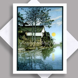 SALE Grußkarte/ Einzelkarte/ Vintage Gemälde 1930/ Landhaus/ Sonnenuntergang/ Seeseite/ Boote/ Japanisch/ Einzelkarte mit Umschlag
