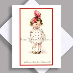 Carte de correspondance unique VENTE/ Image vintage des années 1940/Saint-Valentin/ Petite fille « Personne n'est encore amoureux »/ Timide/ Big Bow/ Flirt/