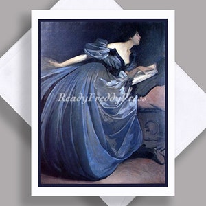 VENTE carte pour notes unique/lecture/robe bleue/inclinable/illustration vintage/belle dame/anniversaire/victorienne/carte simple avec enveloppe
