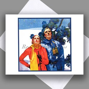 SALE enkele kaart/vintage afbeelding/kerst/sterrenkijken/ stel/skiën/sneeuw/ /notecard met envelop