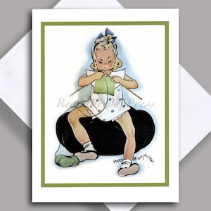 VENTE Carte pour lettres unique/ Tricot/ illustration vintage/ Tricot/ Petite fille/ Apprendre à tricoter/ Humerous/ Carte unique avec enveloppe
