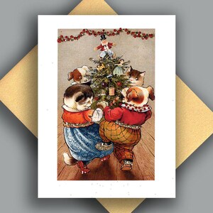 SALE glitter enkele kaart/vintage afbeelding/kerst/dans/rond de boom/dieren/honden en katten/kaart met gouden metalen envelop