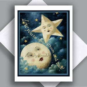 Carte pour lettres unique/ image vintage/lune/ étoile/ « Je t'aime pour la lune et le dos »/ romantique/Art déco/ fantaisie/ doux/ carte seule avec enveloppe