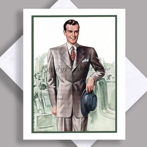 SALE Single Notecard/ Vintage Image/ Fashion/ Style/ Businessman/ Travelling/ Handsome/ Suit/ Menswear Catalogue/ Notecard with Envelope