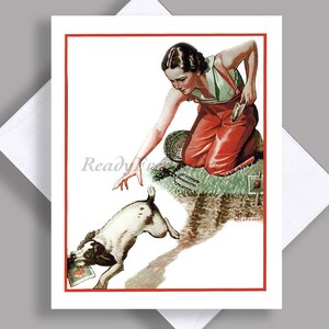 VENDA Cartão de Nota Único/ Imagem Vintage/ Jardinagem/ Plantando Sementes/ Cachorro Travesso/ Macacão/ Menina Bonita/ Cartão de Nota com Envelope
