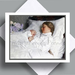 Tarjeta individual / Imagen vintage / Día de la Madre / Madre e hijos / Recién nacido / Tierno / Dulce / Interior en blanco