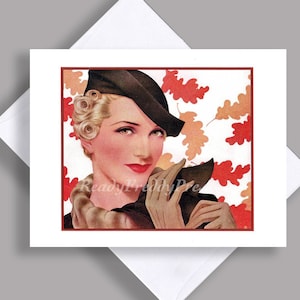 SALDI Singolo biglietto/ Immagine vintage anni '30/ Autunno/ Moda/ Elegante/ Cappello e guanti/ Foglie che cadono/ Biglietto con busta