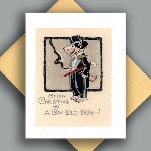 SALE glitter enkele kaart/vintage afbeelding/kerst/homo oude hond/tophat/humoristisch/sigaar/art deco/kaart met gouden metalen envelop