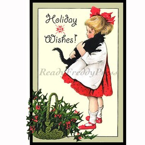 Notitiekaarten Christmas Kitty /Vakantie / Vintage afbeelding/ Black Kitty/ Little Girl/"Vakantiewensen"/ Set van 8 in doos met enveloppen/blanco