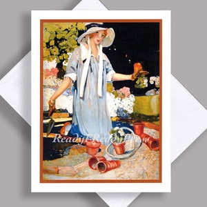 VENDA Cartão de Nota Único/ Imagem Vintage / Jardinagem/ Menina Bonita/ Plantio/ Vasos de Flores/ Blusa Azul/ Primavera/ Cartão de Nota com Envelope