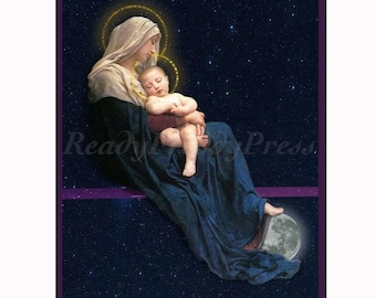 Carte de Noël/Religion/Image vintage/Vierge à l'enfant/Terre et ciel/Mystique/ Coffret de 8 cartes et enveloppes