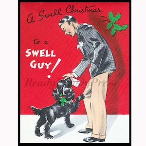 Christmas Notecards/ Holiday Art Deco Vintage Image / Handsome Fella/ Man & his Dog/ "Swell Guy"/ 8 cards with Envelopes