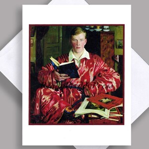 VERKOOP Enkele kaart/lezing/heer/vintage illustratie/rokersjasje/boekenliefhebber/boeken/lezing/enkele kaart met envelop
