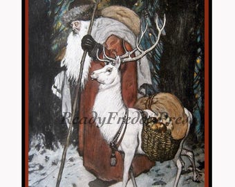 Biglietti di auguri Babbo Natale solitario/Natale/Festività/San Nicola/Vigilia di Natale/Immagine vintage/Renna/Magico/Mitico/Set di 8 con buste