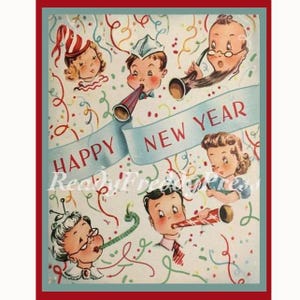 New Years Notecards/ Vintage Image 1950s/ New Years celebration/ Family / Caricatures/Boxed Set of 8 with Envelopes/