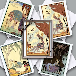May include: Set of six vintage art deco style greeting cards featuring illustrations of women in various scenes. The cards are printed on high-quality cardstock and come with envelopes.
