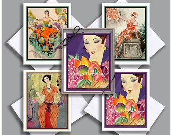 Colorful Summer Deco Notecards/ Style/ Vintage Images/ Fashion/ Art Deco/ 1920s-30s/ Women/ / Box of 8 cards with envelopes/ Blank