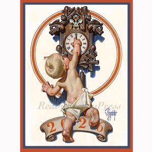 Cartes de correspondance Nouvel an/Noël/Vacances/Célébration/Leyendecker/Bébé Nouvel An/Image vintage/Horloge/Bande vierge/Ensemble de 8 avec enveloppes