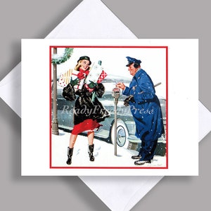 VENDA Cartão de nota único/ Ilustração vintage/ Homem do medidor/ Centro médio/ Compras de Natal/ Inverno/ Engraçado/ Espírito de Natal/ Cartão único com envelope