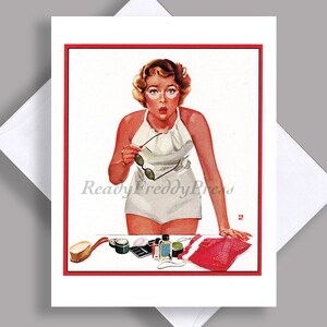SALE Enkele kaart/zonnebrand!/zomer/badpak/verrassing!/vintage illustratie/enkele kaart met envelop