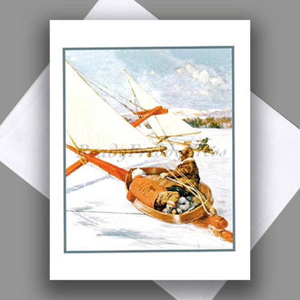 SALE Single Notecard/ Vintage Image 1929 / Winter /Ice Sailing/Snow/ Winter/ Christmas/ Holiday/ Notecard with Envelope