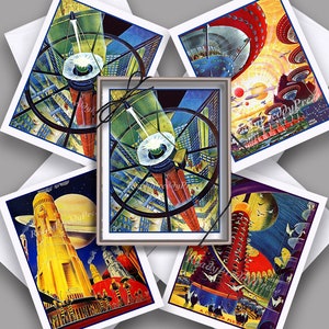 Cartes de science-fiction/ Images vintage/ Planètes/ Fantasy/ Extraterrestres/ Colonie de l'espace/ Vaisseaux spatiaux/ Coffret de 8 cartes avec enveloppes/ Cartes vierges