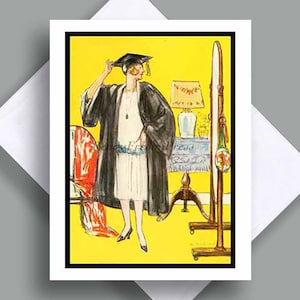 Enkele afstudeerkaart/vintage afbeelding 1925/ hogeschool/ middelbare school/ jonge dame// pet en toga/ waardering/ cadeaubon/