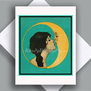 Cartão de nota único/ Imagem vintage/ Menina bonita/ Diversão/ Dia dos namorados/ Art Déco/ Lua/ Beijo/ Cartão único com envelope