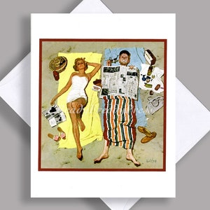 VENTE carte de correspondance pour une personne/ Couple à la plage/ Bronzage/ Été/ Opposés ! / Illustration vintage/ Carte unique avec enveloppe